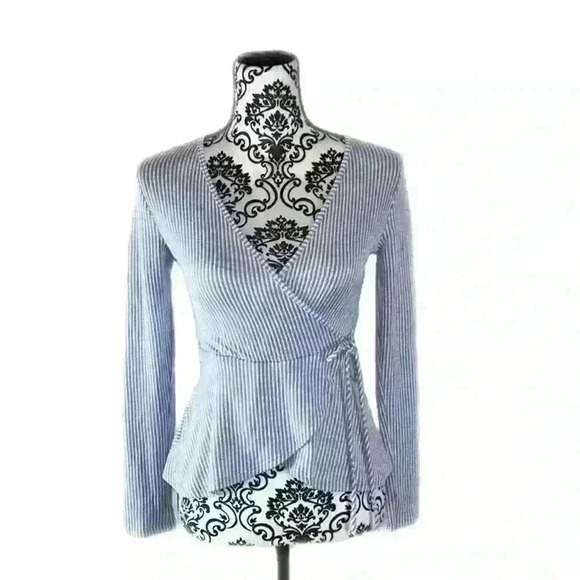 Caution To The Wind Long Sleeve Blue Stripe Wrap Top W/ Tie Waist, - Picture 2 of 8